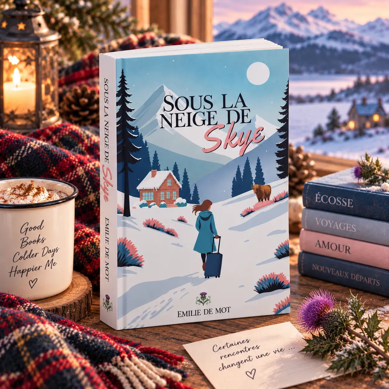 Le roman Sous la neige de Skye posé près d'un mug fumant, d'un plaid tartan et de chardons écossais