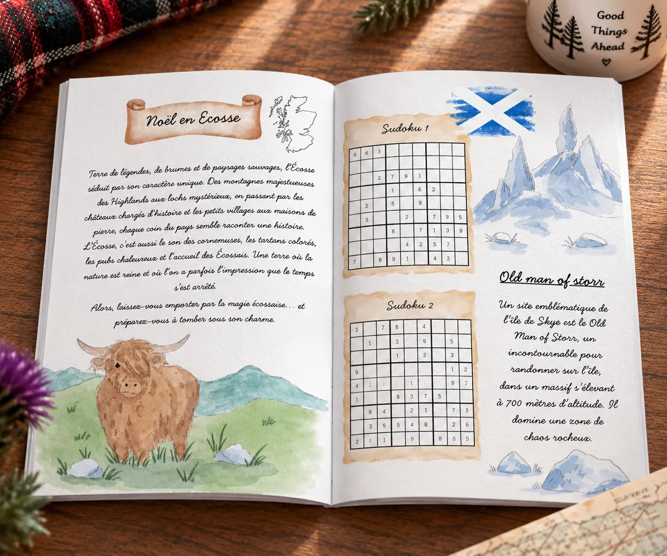 box grand voyageur 2 Carnet de jeux « Noël en Écosse » ouvert sur deux sudokus et une vache Highland peinte à l'aquarelle