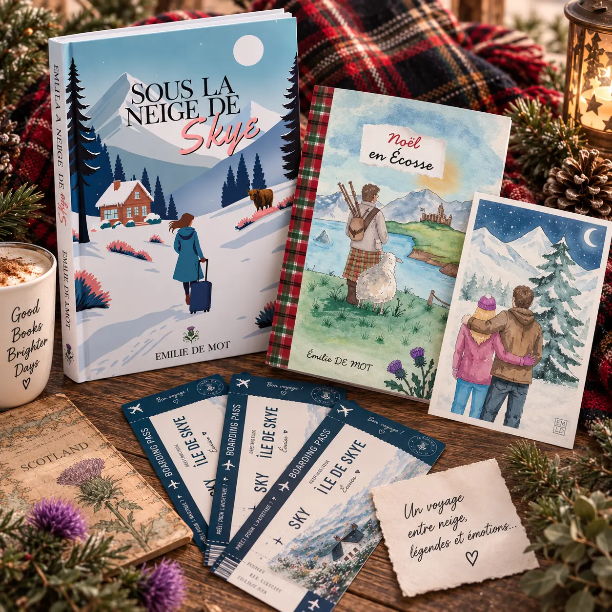 box grand voyageur 4 Contenu de la Box Grand Voyageur : le roman Sous la neige de Skye, le carnet de jeux Noël en Écosse, une illustration et des cartes d'embarquement pour l'île de Skye