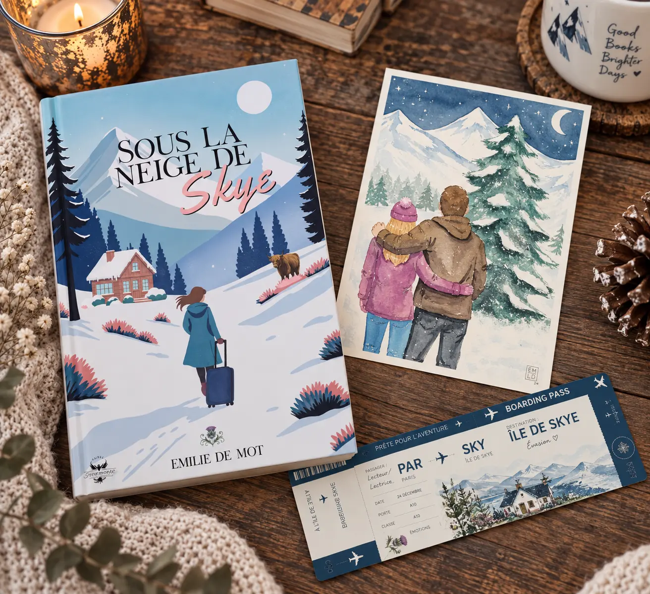 Box Voyageur Minimaliste : le roman Sous la neige de Skye, une illustration à l'aquarelle et un marque-page en forme de carte d'embarquement